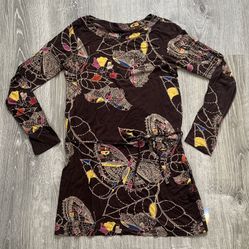 Fcuk French Connection Jeans XS Brown Long Sleeve Butterfly Print Tunic Top Vintage 
