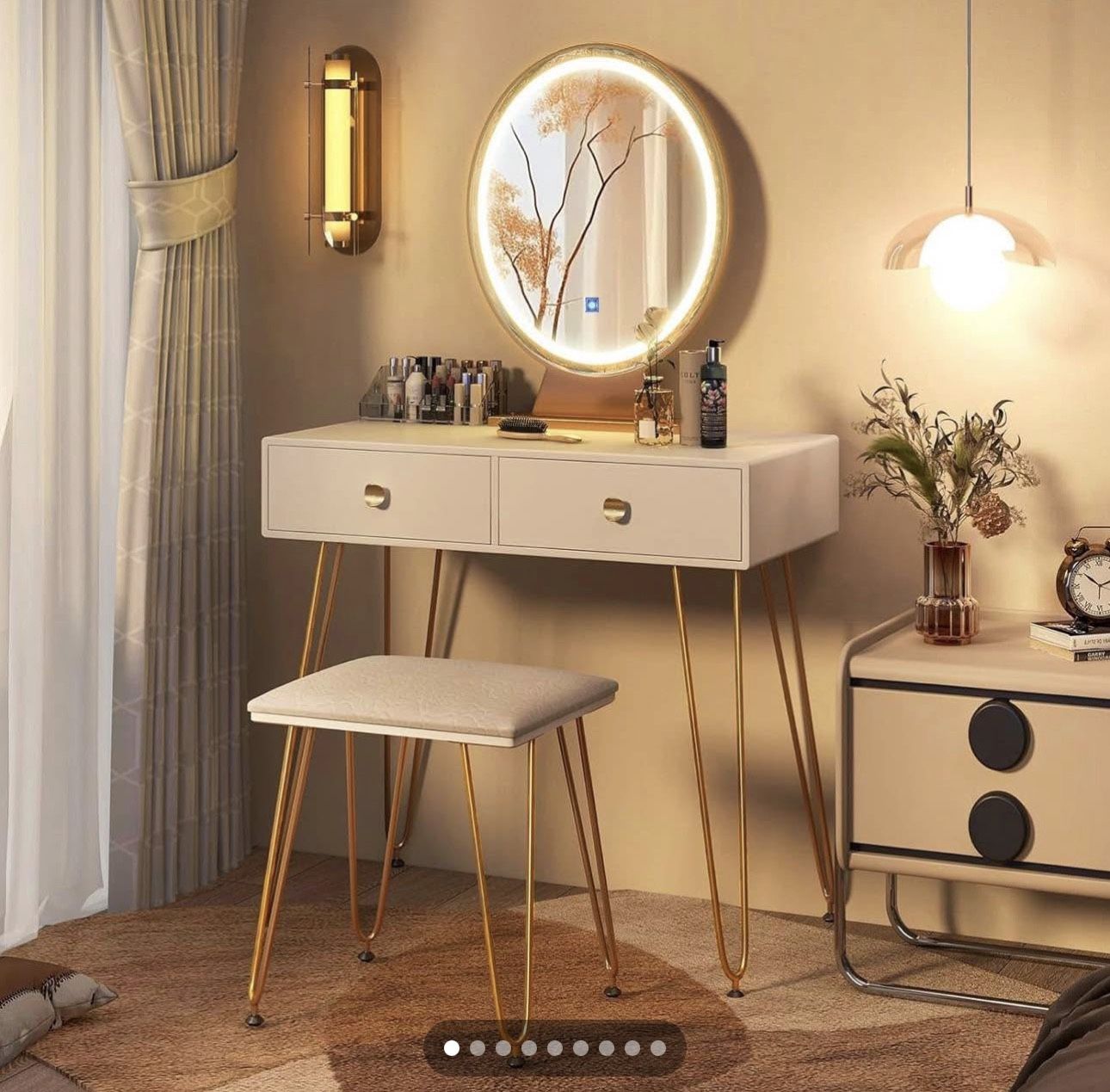 White Gold Makeup Vanity Table with Lighted Mirror, Vanity Desk with 2 Large Drawers, Adjustable 3 Lighting Modes