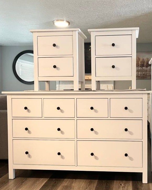 White Hemnes 8 drawer dresser and Two 2 Drawer nightstands 