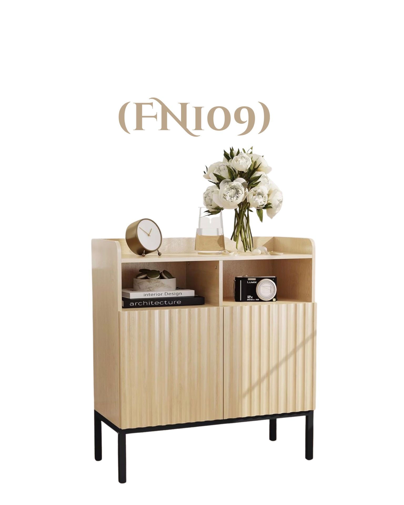 Rustic Industrial Fluted Sideboard Cabinet with Adjustable Shelves, Sturdy Metal & Wood Buffet Credenza for Kitchen, Dining Room, Entryway (FN109)