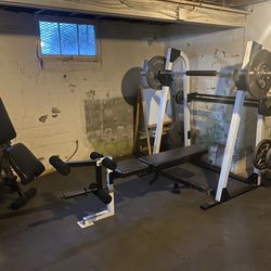 Home Gym (NordicTrack commercial Treadmill+ Squat Rack/bar/weights, 2 Benches, 2 Stationary Bikes