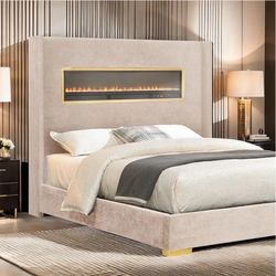Buy Now And Pay Later! New Arrival ! Fuoco Collection Queen size bed w/fireplace and Bluetooth speakers &USB- Avail I 3 colors &2 sizes. Free Delivery