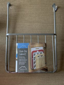 Over the cabinet storage rack for baking pans cutting boards etc. (trays/pans not included- Rack Only)