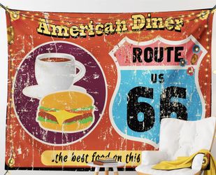 Iconic Route US 66 American Diner The Best Food Retro Wall Tapestry 37"× 28"