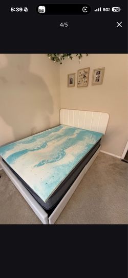 Full size bed frame plus mattress and foam topper