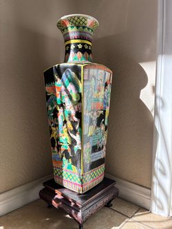 Large Famille Black Vase Hand painted 1900’s Marked