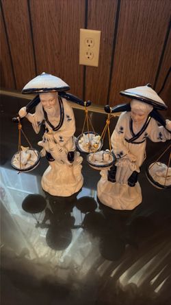 Porcelain Asian Figurines with Balance Poles, Set of 2
