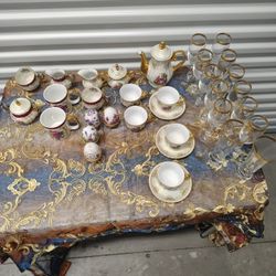 Yusui 24kt gold porcelain &Vintage Pasabahce Circle Pilsner Glass 24k Gold Rim Beer Water Set 4 Turk