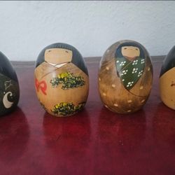 Vintage Japanese Poetry  figurines of the Four Seasons Kokeshi Set by Okamoto Usaburo