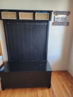 Black wood wooden entry stand table chest coat rack basket