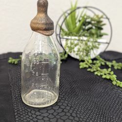 Antique Glass Baby Nursing Bottle With Rare Old Rubber Nipple 4oz Collectible 