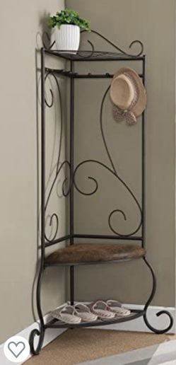Kings Brand Furniture Brushed Copper Metal Corner Entryway Hallway Storage Bench with Coat Rack