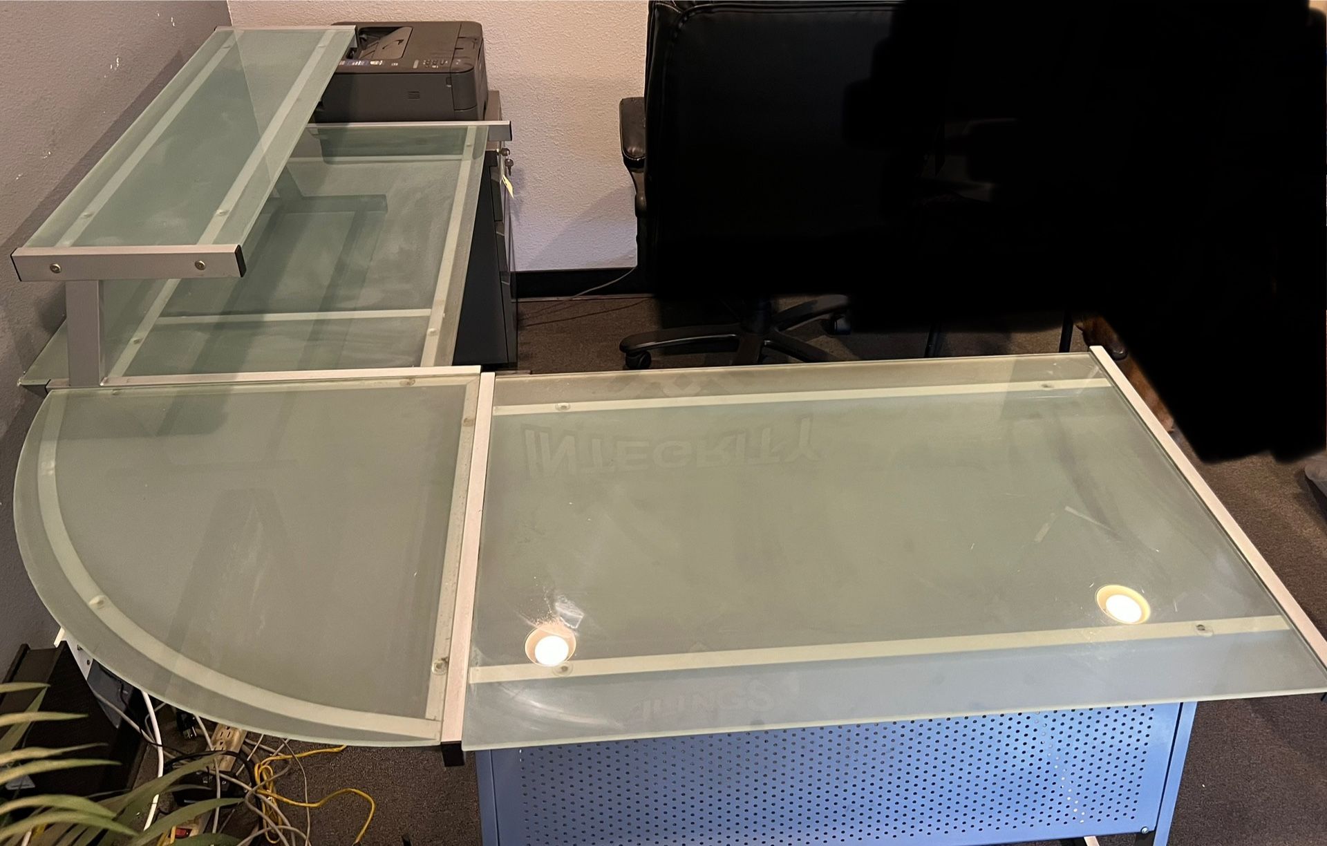 L Shaped Frosted Glass Desk & Printer Stand