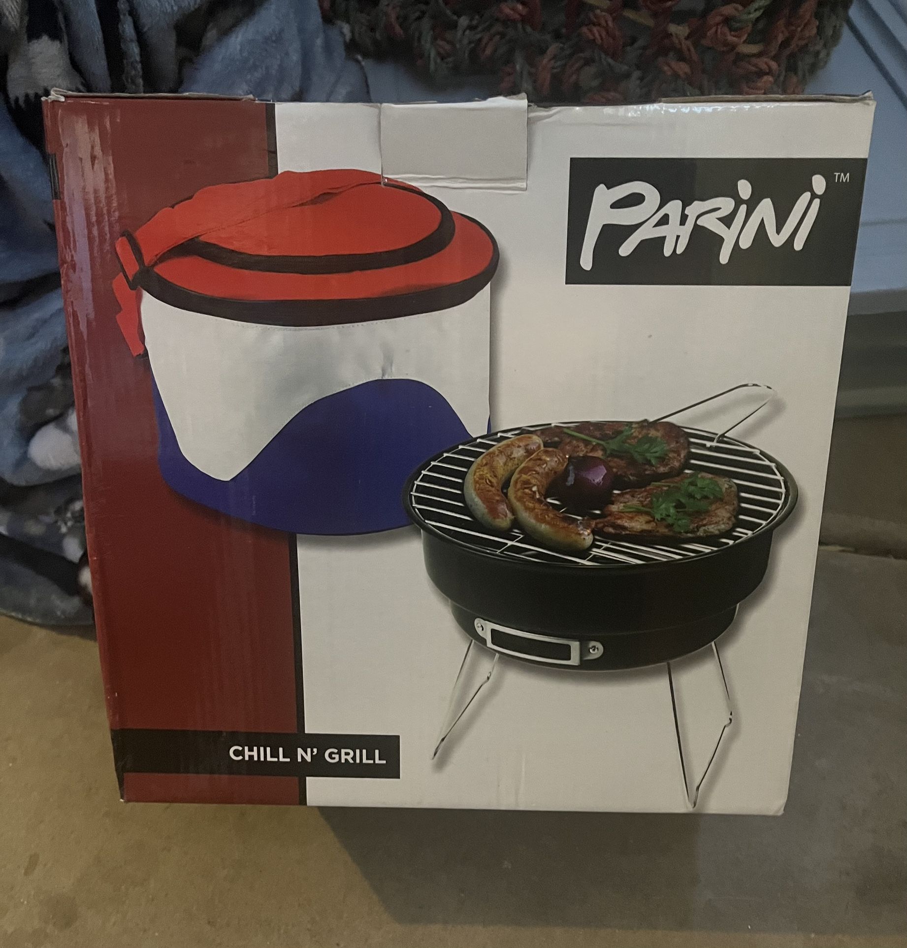 Parini Chill N Grill Portable BBQ & Cooler Bag Red White Blue Camping NEW in BOX