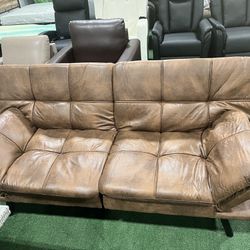 Leather Futon Sofa Bed with Adjustable Backrest and Armrest, Convertible Memory Foam Futon Couch Bed