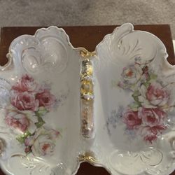 Beautiful Antique Hand Painted Double Sided Dish 