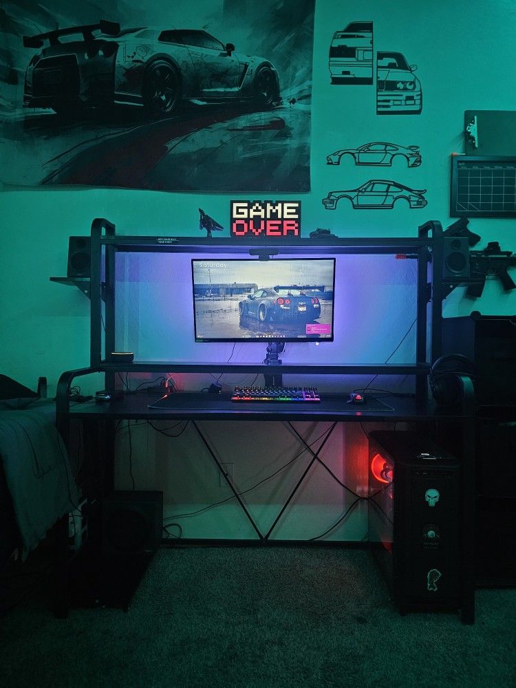 FULL GAMING SETUP; DESK, MONITOR, PC, SPEAKERS, KEYBOARD, MOUSE AND GAMING CHAIR.