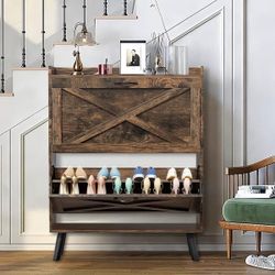 Shoe Storage Cabinet with 2 Flip Drawers, Narrow Hidden Shoe Organizer with Wooden Legs,Free Standing Shoe Rack Cabinet for Entryway, Hallway, Bedroom