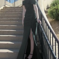 Windsor Off Shoulder Ruched Slit Gown Dress Dark Green XS