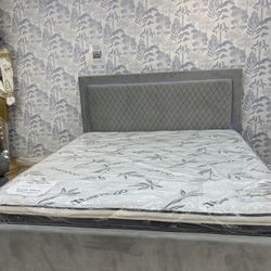 Velvet Fabric Platform Bed With Led Lights