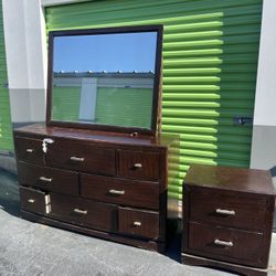Brown Dresser With Mirror And Nightstand 
