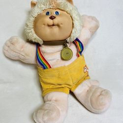 13” Vintage 80s Cabbage Patch Koosa Doll Blonde Kitty Doll Rainbow Suspenders