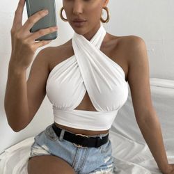 Solid Cross Crop Halter Top