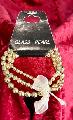 Glass Pearl Gold Beaded Stacking Stretch Bracelet Set (3-Piece Stack)New