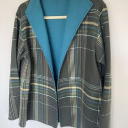 wool cashmere teal plaid jacket cardigan size Large  
