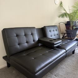Convertible Upholstered Faux Leather Futon Couch, Black