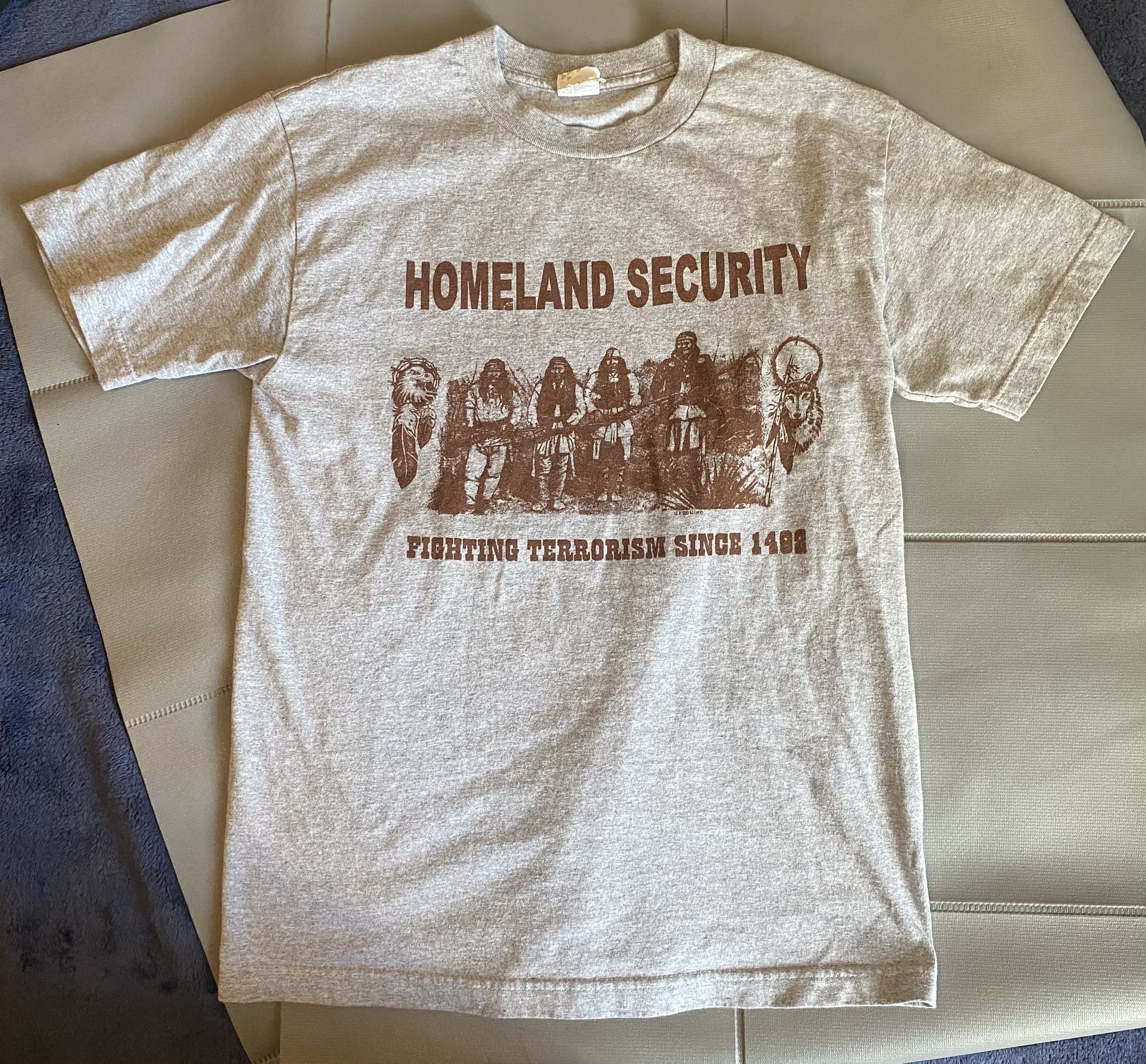 Grey Vintage 1990s Homeland Security Fighting Terrorism Since 1402 T-Shirt