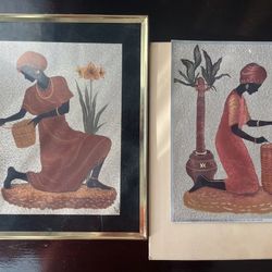 2x VTG Foil Art Print by Artist Judy Mastrangelo African Woman Weaving Basket UK