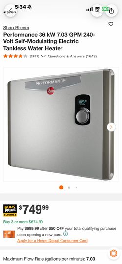 Rheem Performance 36 kW 7.03 GPM 240-Volt Self-Modulating Electric Tankless Water Heater