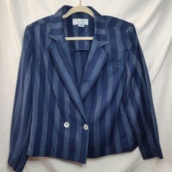 Christian Dior Blazer Women's 12 Vintage Double Breasted Navy Stripes Linen RARE