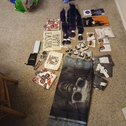 ghostbusters, bday wrapping paper, red patches, purple hair, book, nipple covers