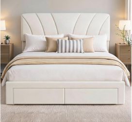 Queen Size Bed Frame with 2 Storage Drawers & Adjustable Headboard, Velvet Upholstered Platform Queen Bed Frame, Wooden Slats Support, No Box Spring N