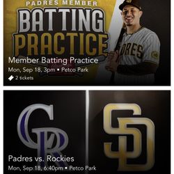 San Diego Padres vs Colorado Rockies Monday Sept. 18 PLUS MEMBER only batting practice 