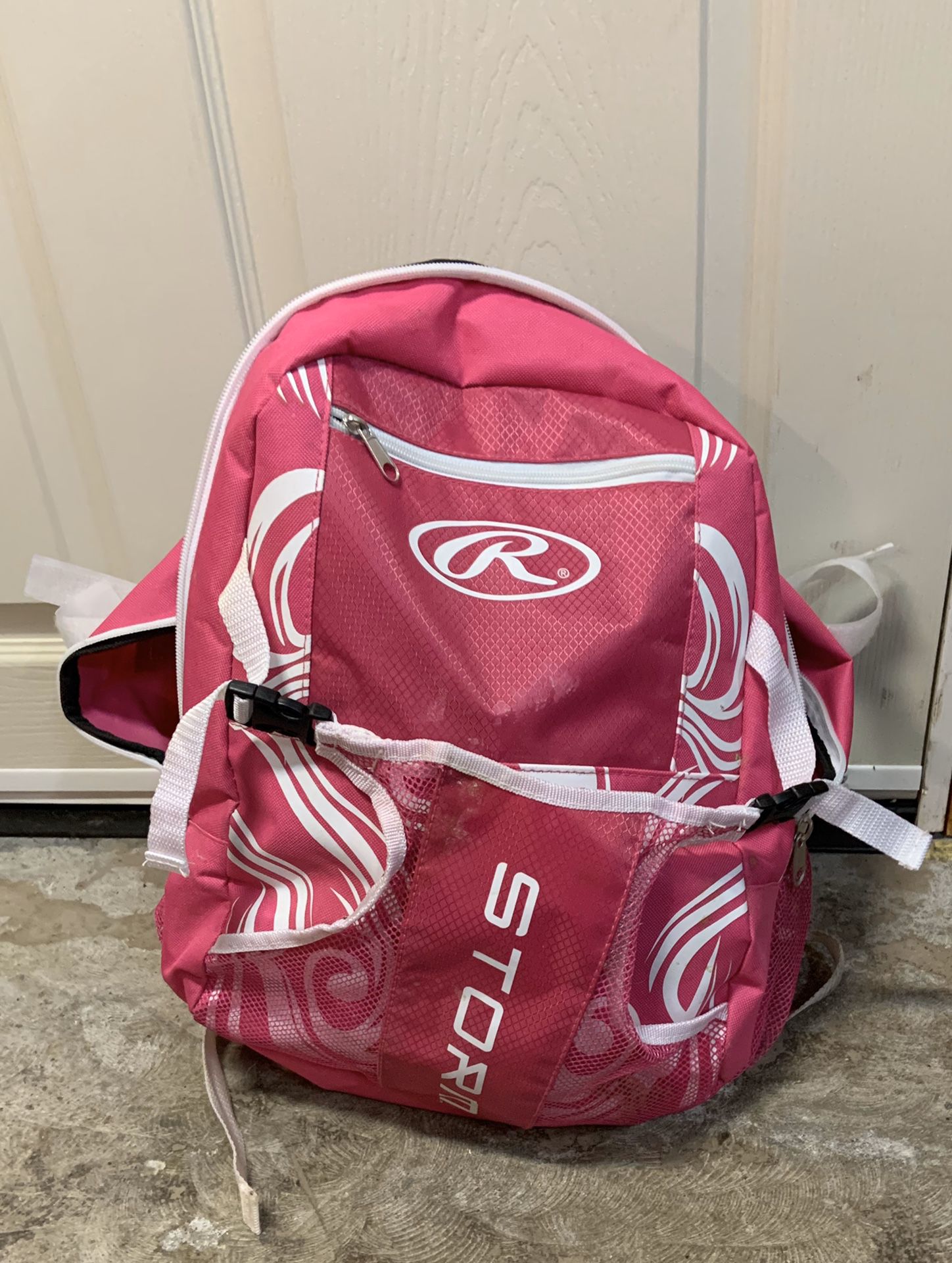 Rawlings brand softball pink softball bag with helmet and fitted glove