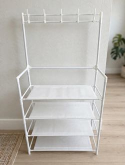 White Coat Rack & Shoe Rack Entryway Organizer 45" Tall - 4 Shelves, 10 Hooks