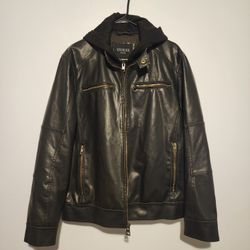 GUESS Leather-Style Jacket w/ Hoodie – M