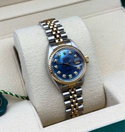 1980s Rolex Datejust 26mm 6917 Dark MOP Diamond Dial Ladies watch Gold Fluted Bezel stainless steel Jubilee Bracelet box tag appraisal