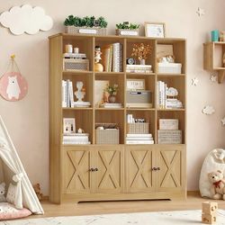   Kids Bookshelf with Doors, Bookshelf for Kids Room, Kid’s Book Shelf and Bookcase with 12 Storage Cubbies, 47.6" Wide Toy Organizers and St
