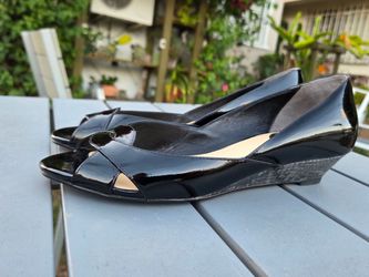 Black Patent Leather Peep-Toe Wedge Shoes