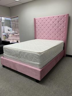 Pink Velvet Tufted Bed Frame with Tall Headboard