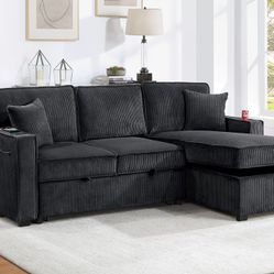 Black reversible corduroy sectional sleeper with storage