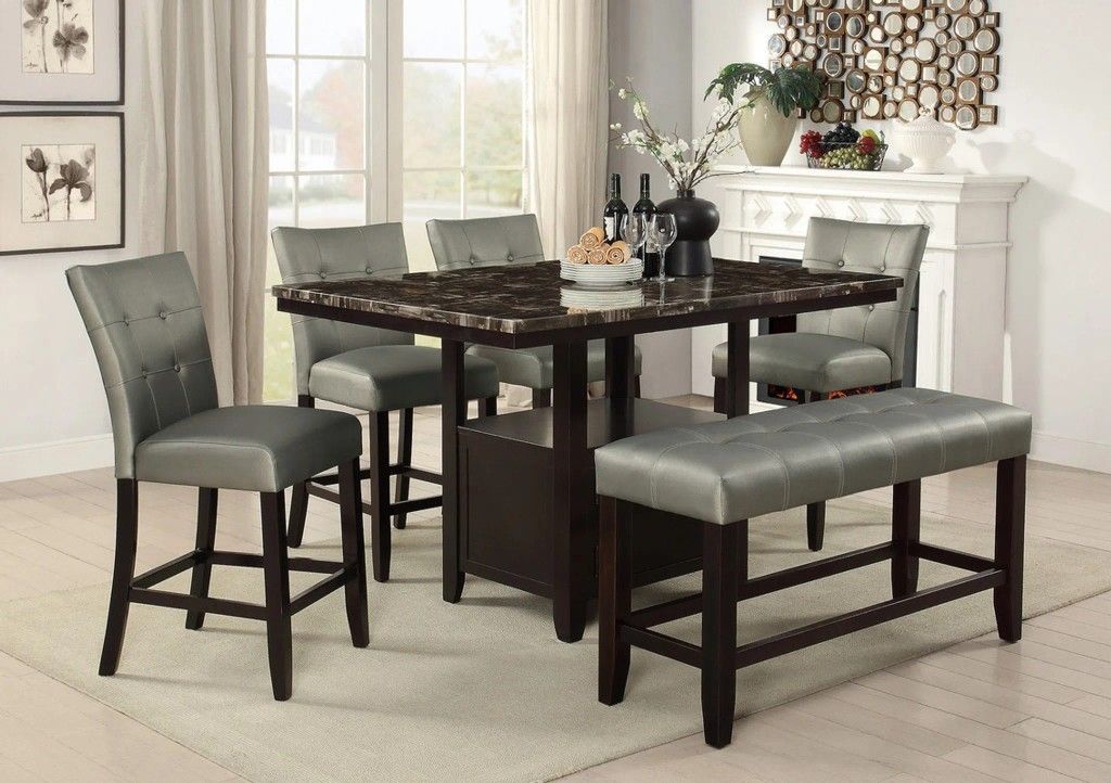 RETRO 6 PIECE COUNTER HEIGHT DINING TABLE BENCH PDESTABLE OPEN BASE - MESA SILLAS ALTA BANCO