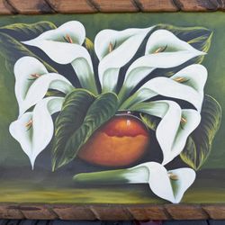 Original Oil Painting – Calla Lilies in Rustic Wooden Frame (Mexican Folk Art)