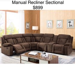 Brown 7 Piece Manual Recliner Sectional Very Plush Soft Fabric 3 Recliner Seats Storage Console And Cup Holders Brand New In Box Firm Price $899