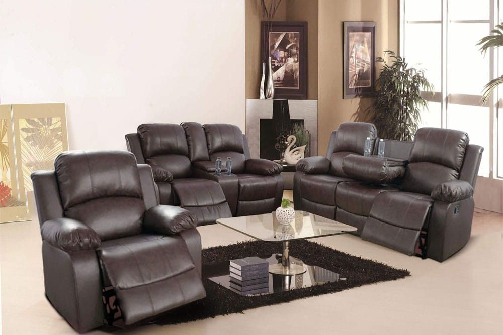 Brand New Brown Leather 3pc Reclining Set With Storage Compartments A Drop Down Table & Built In Cup Holders