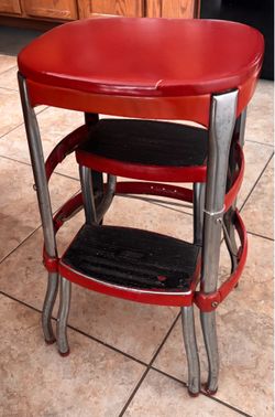 Vintage Cosco Red Step Stool Backless chrome Bar Chair